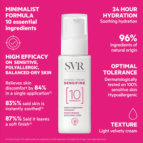 SVR Sensifine Hydra packaging with 24-hour hydration claim on label.