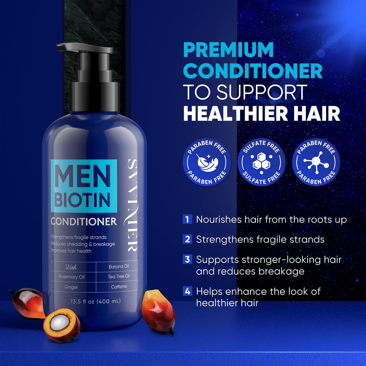 Svvimer Biotin Conditioner ingredients display rosemary and tea tree oil for refreshing scalp care