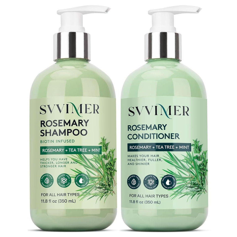 Svvimer rosemary biotin tea tree shampoo bottle showing full hair potential