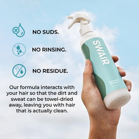 SWAIR Showerless Shampoo mist-dispense shown for residue-free styling.