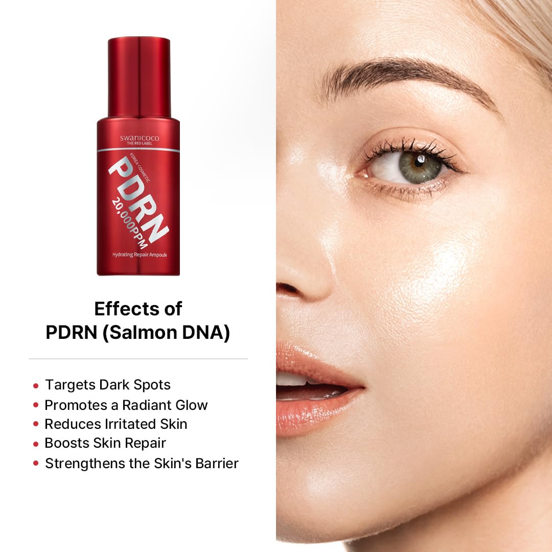 SWANICOCO Premium PDRN serum packaging display emphasizing luxury hydration and barrier support.