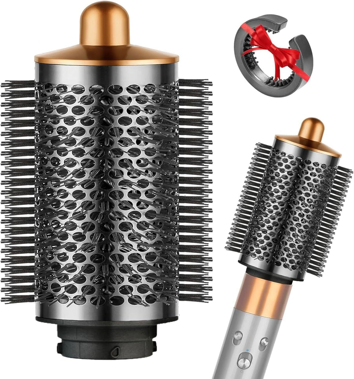 SWAZVAC Round Volumizing Brush in gold with Dyson Airwrap for root lift.