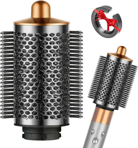 SWAZVAC Round Volumizing Brush in gold with Dyson Airwrap for root lift.