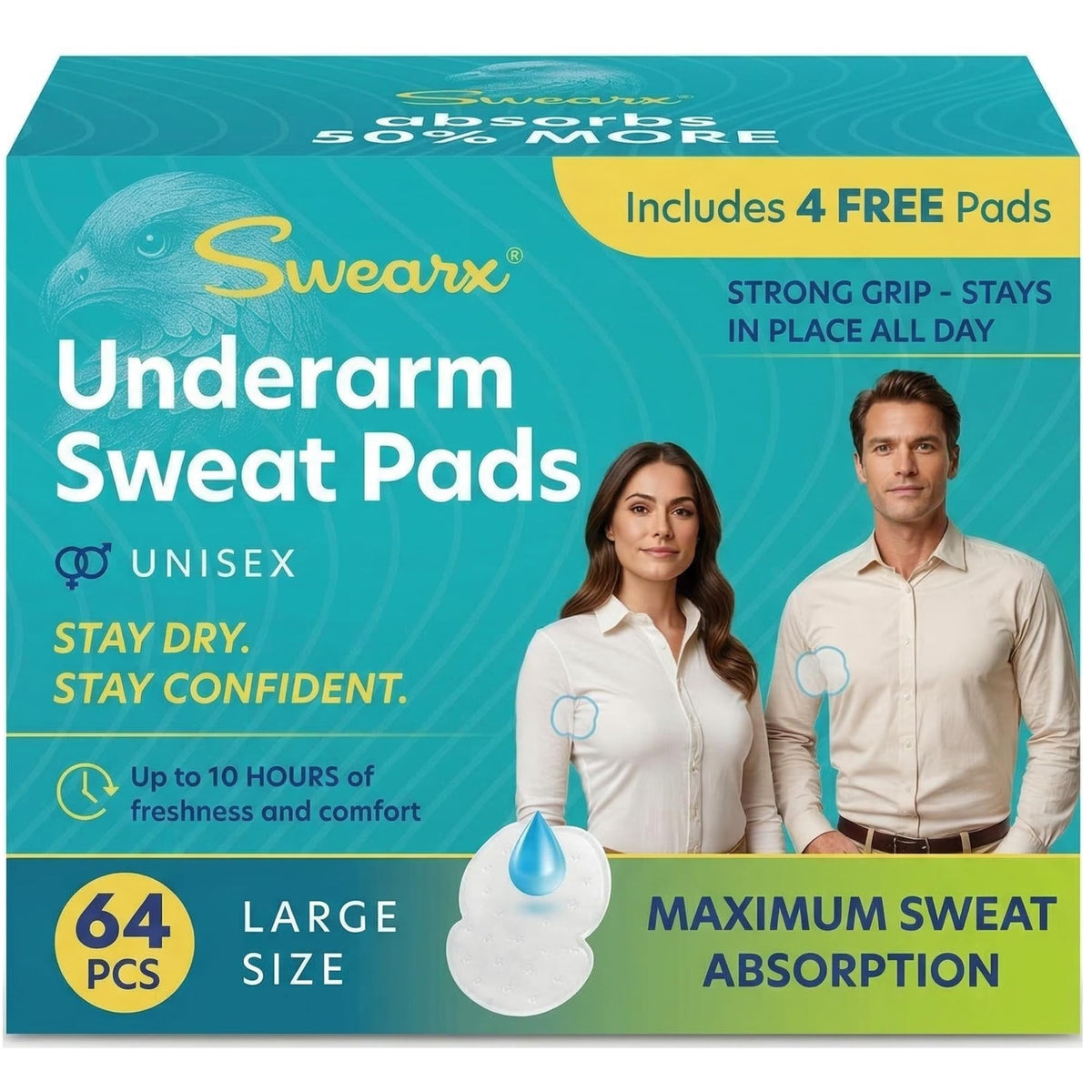 Swearx disposable underarm sweat pads in a pack provide convenient daily protection.