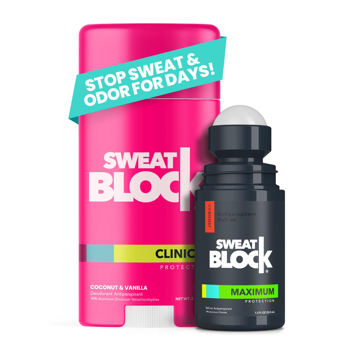 SweatBlock Driboost roll-on antiperspirant for long-lasting dryness up to seven days.