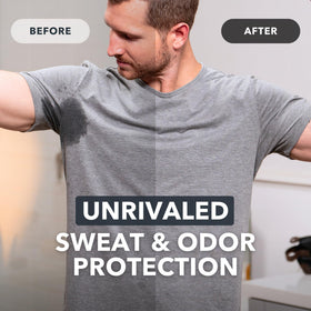Paraben-free SweatBlock formula highlighted in packaging imagery.