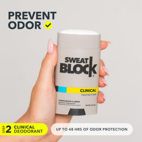 SweatBlock two-step system packaging demonstrating complete defense.