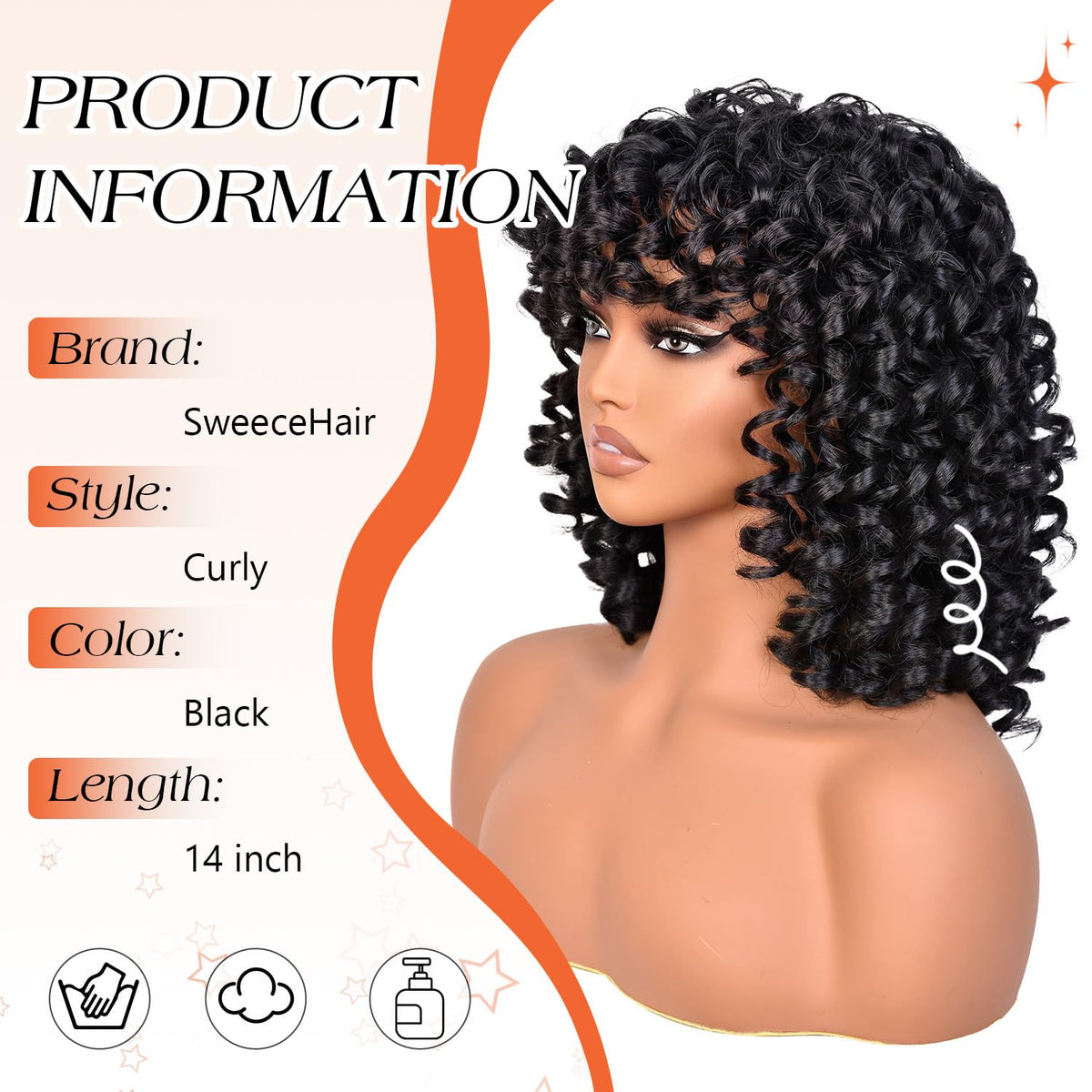 SweeceHair Afro curly wig with short bangs, 14-inch, ideal for events.