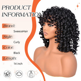 SweeceHair Afro curly wig with short bangs, 14-inch, ideal for events.