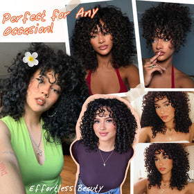 SweeceHair beginner-friendly curly wig with bangs, 14-inch, easy styling.