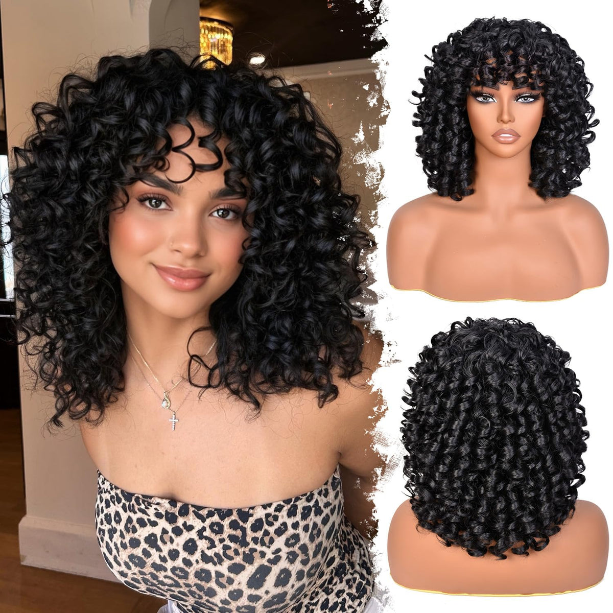 SweeceHair curly wig for black women with bangs, 14-inch, natural daily wear.