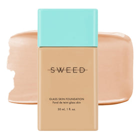 Sweed Glass Skin Foundation bottle pour reveals silky texture for easy application and long-lasting hydration.