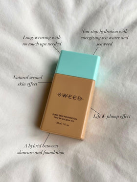 Sweed Glass Skin Foundation sea-water infusion swatch showcases moisturizing protection against dryness.