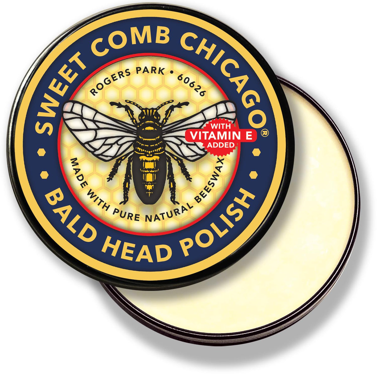 Sweet Comb Chicago Bald Head Polish tin close-up for natural aftercare.