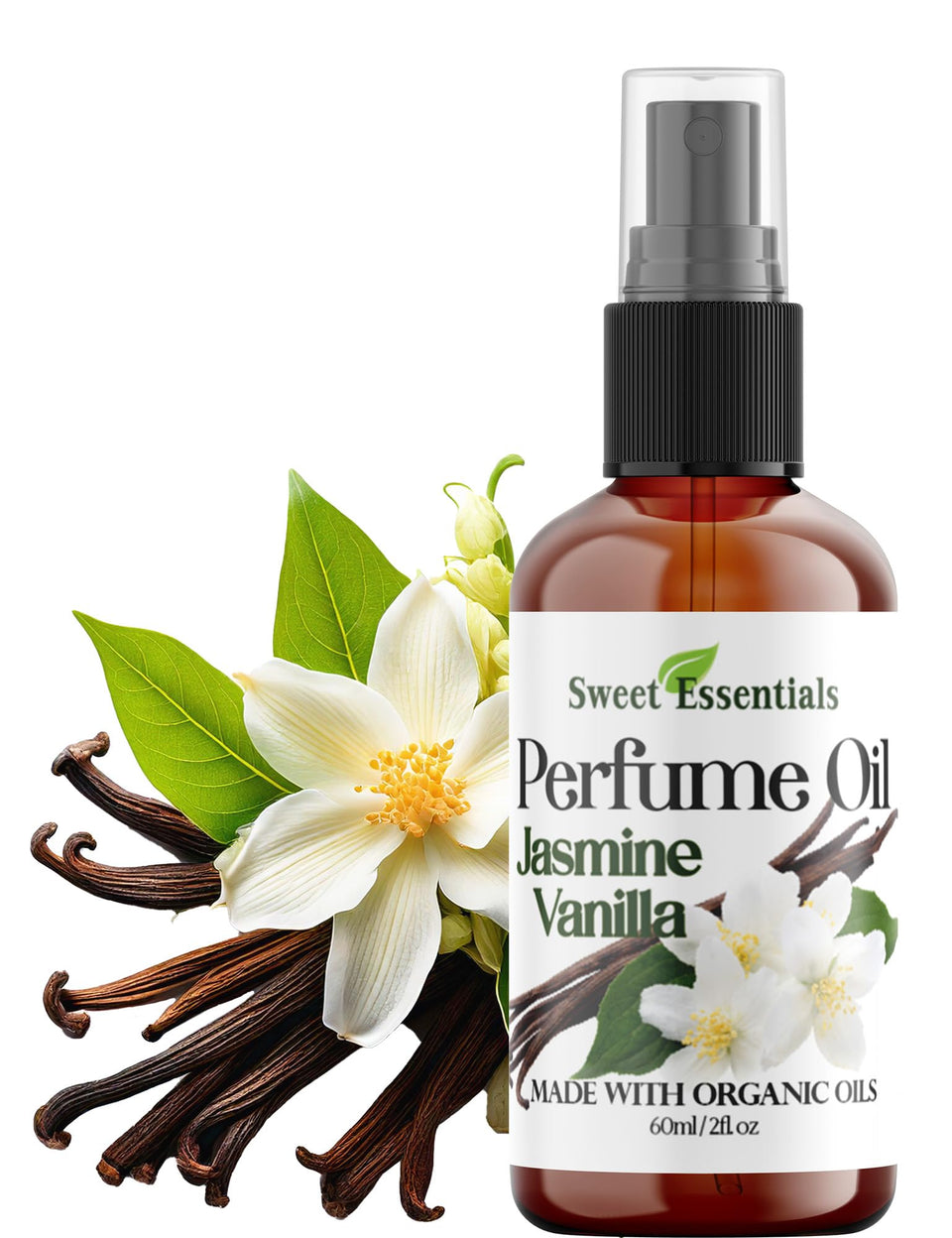Sweet Essentials Jasmine Vanilla bottle with long-lasting fragrance in a lightweight oil base.