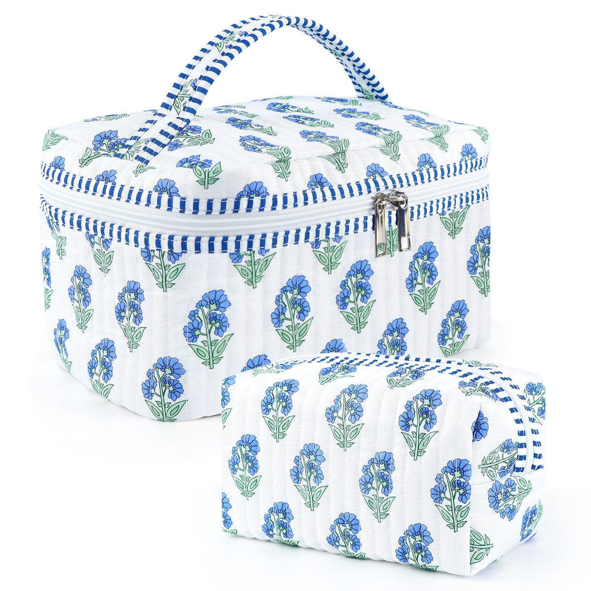 Sweet Lion 2 Pcs Quilted Floral Makeup Bag Set, large view for organized travel storage.