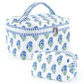 Sweet Lion 2 Pcs Quilted Floral Makeup Bag Set, large view for organized travel storage.
