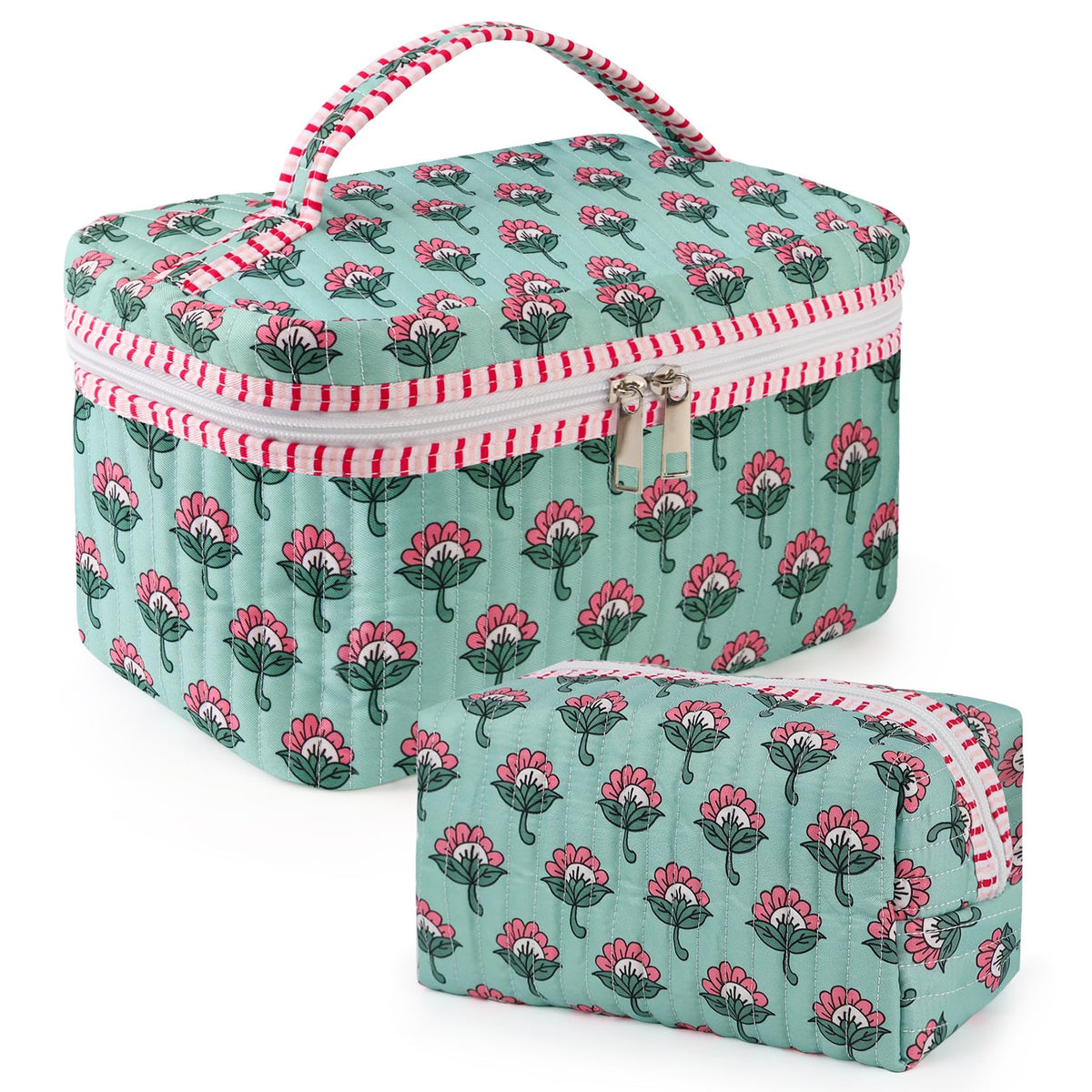 Sweet Lion quilted makeup bag large boho floral, spacious storage for cosmetics on the go