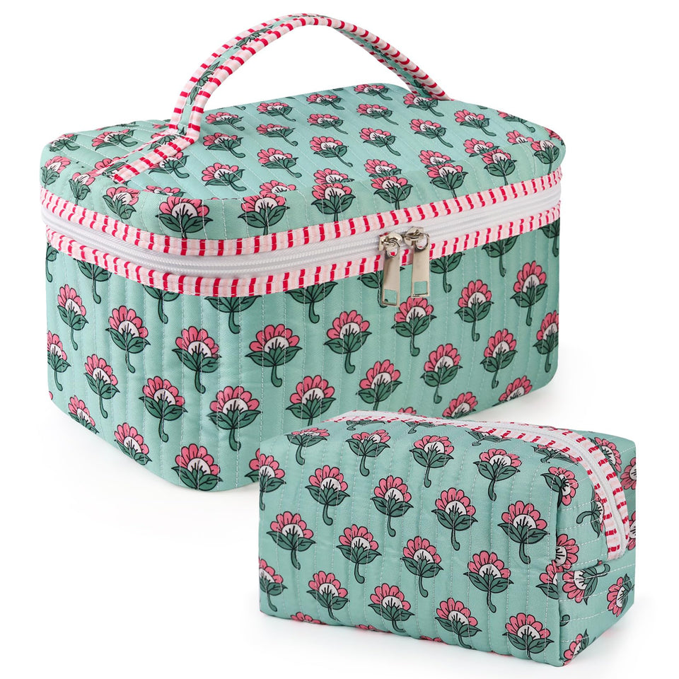 Sweet Lion quilted makeup bag large boho floral, spacious storage for cosmetics on the go