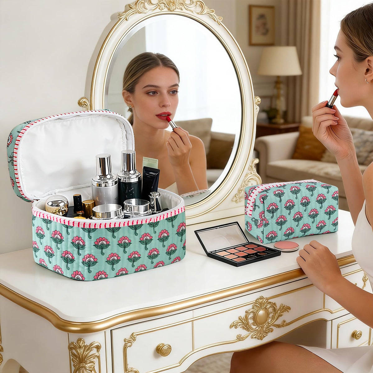 Sweet Lion quilted makeup bag small boho floral compact organizer for everyday touch-ups