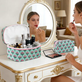 Sweet Lion quilted makeup bag small boho floral compact organizer for everyday touch-ups