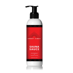 Sweet Vibes Sauna Sauce bottle front shows cooling formula for sauna sessions.