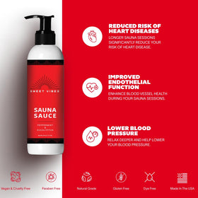 Sweet Vibes Sauna Sauce bottle label highlights peppermint and eucalyptus ingredients.