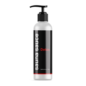 Sweet Vibes Sauna Sauce Detox bottle pour shows easy, non-greasy application for cooler sauna sessions.