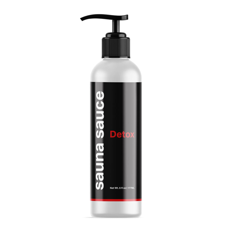 Sweet Vibes Sauna Sauce Detox bottle pour shows easy, non-greasy application for cooler sauna sessions.