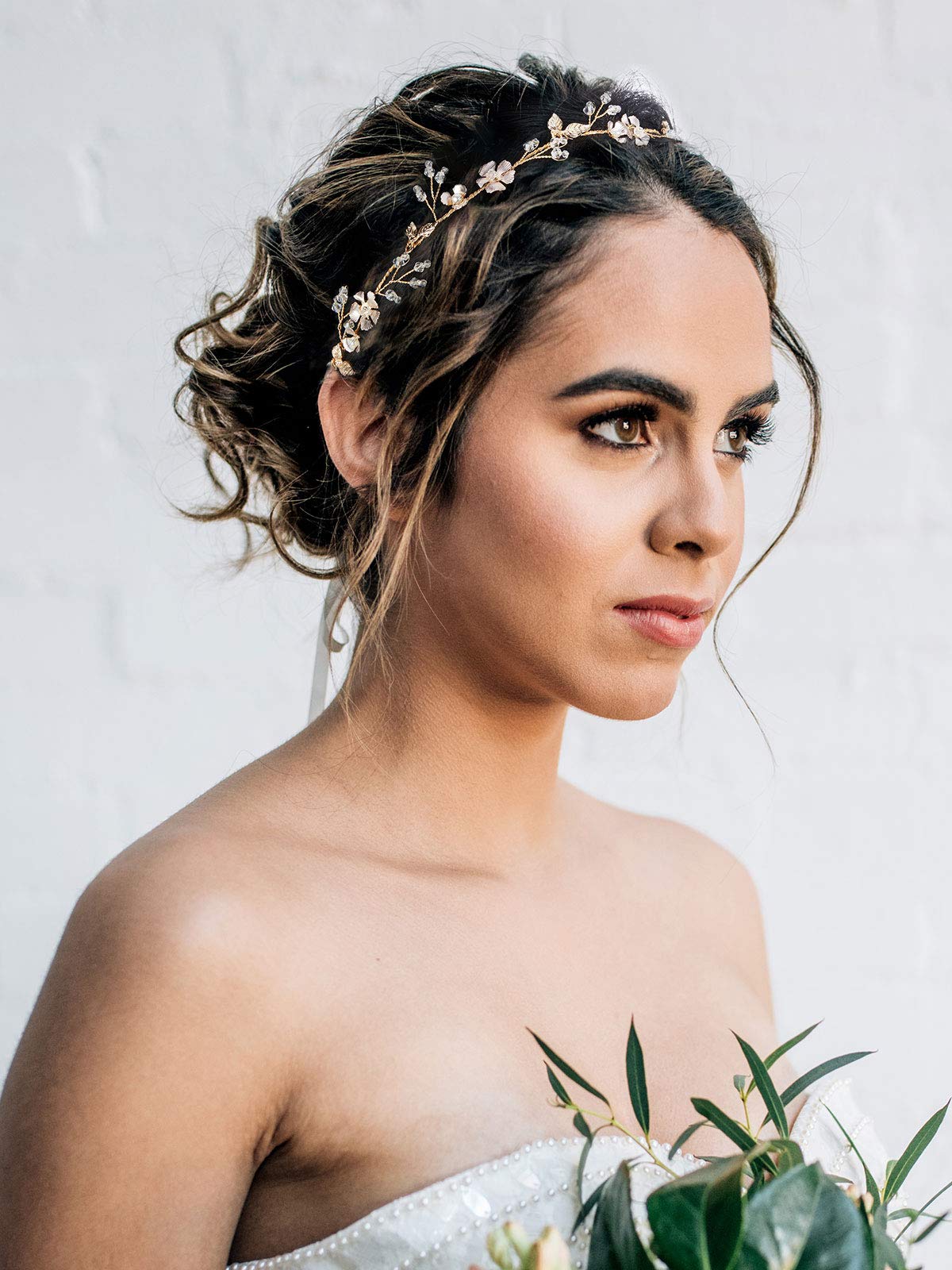 SWEETV bridal headpiece with ivory pearls and gold leaves enhances elegant wedding styling.