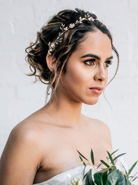 SWEETV bridal headpiece with ivory pearls and gold leaves enhances elegant wedding styling.