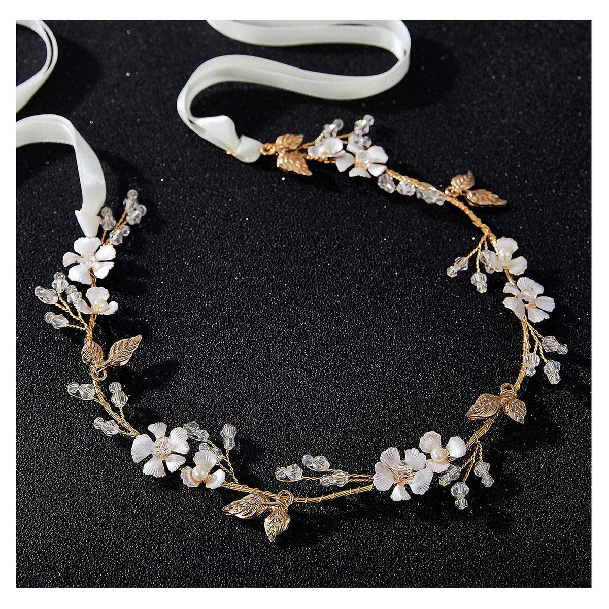 SWEETV handmade bridal headband with flowers and gold leaves for a timeless wedding look.