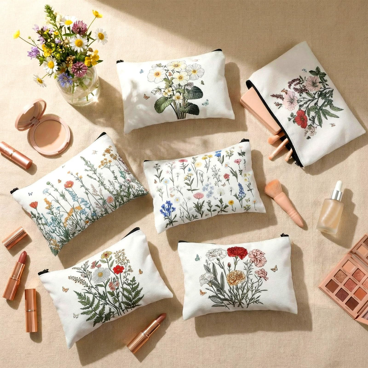 Sweetude spring wildflower makeup bag style 2 with waterproof surface.