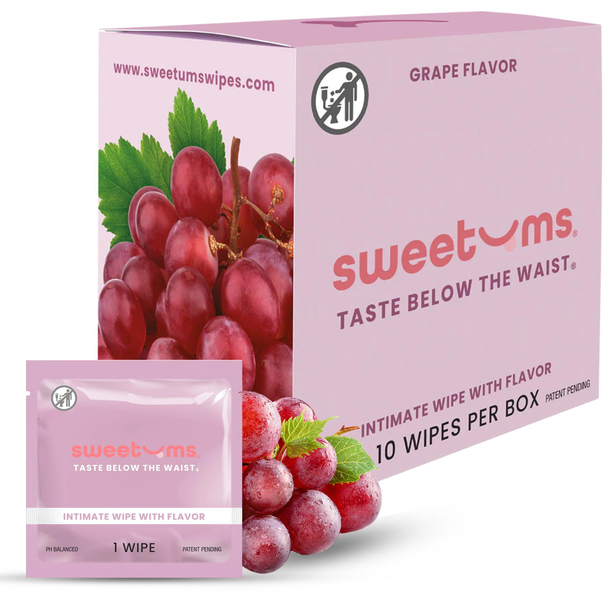 Sweetums feminine wipes, individually wrapped, grape flavor for on-the-go freshness.