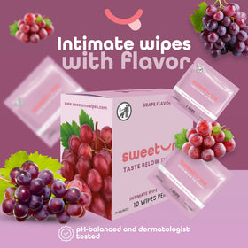 Sweetums grape flavored wipes provide a refreshing, discreet cleansing.