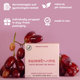 Sweetums pH-balanced wipes designed for sensitive skin comfort.