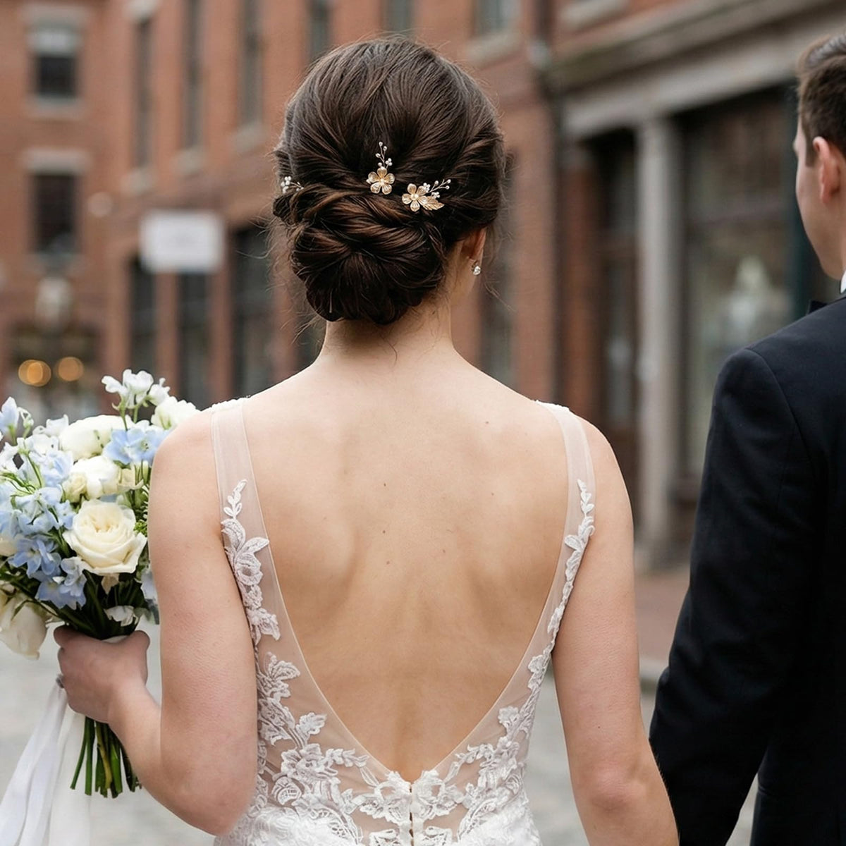 SWEETV 4D metal flower detail adds vintage charm to bridal hairstyle.