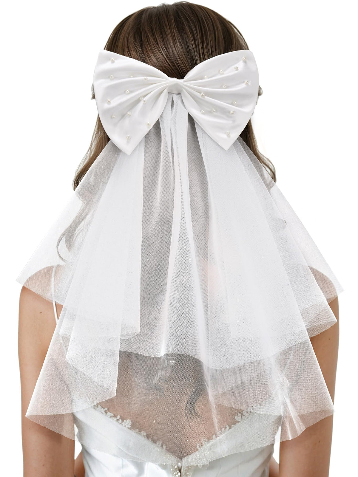 SweetV bridal hair bow clip in satin with pearls for elegant wedding styling.