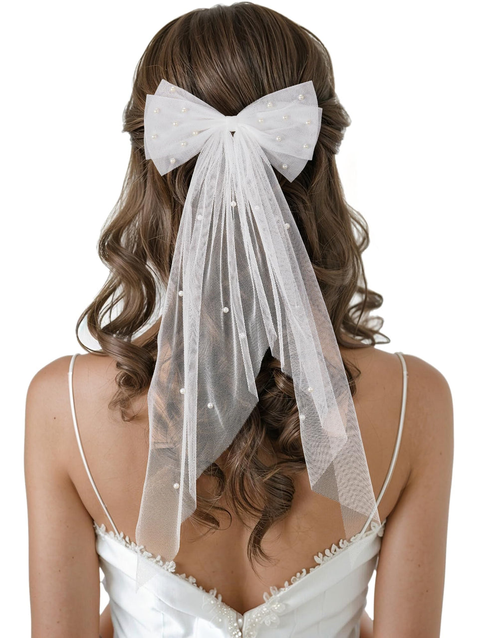 SWEETV bridal hair bow veil closeup highlighting white satin bow and pearl accents for all-day wear.