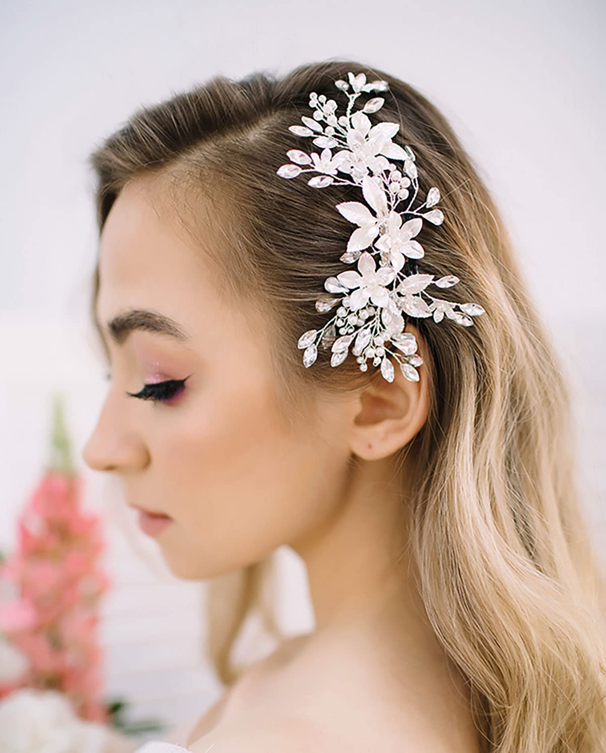SWEETV bridal hair clip with flower design enhances romantic wedding day looks