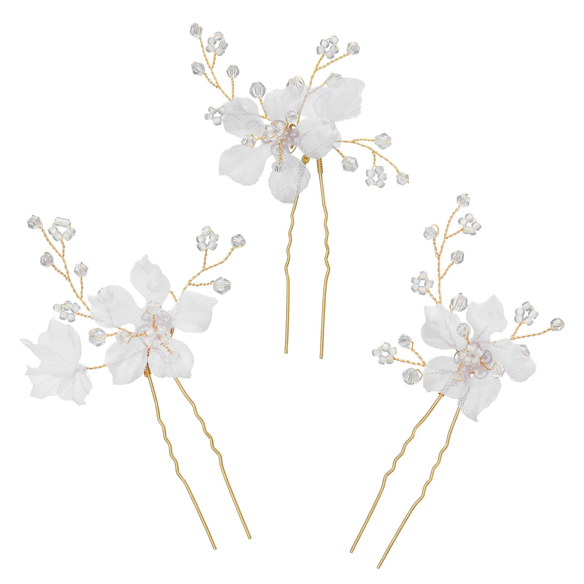 SweetV bridal hair pin white fabric flower with crystals adds subtle sparkle
