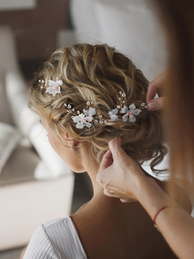 SweetV white flower pin versatile for bridesmaids and weddings hairstyles