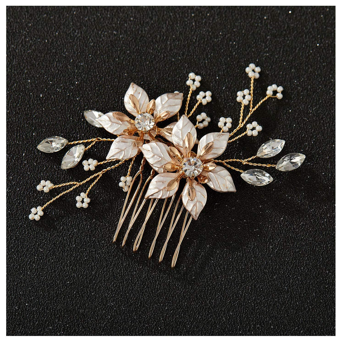 SweetV gold bridal hair comb closeup with rose gold flowers adds delicate sparkle.
