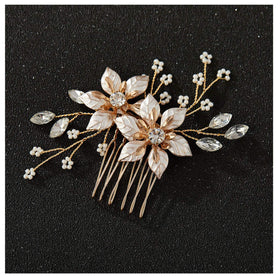 SweetV gold bridal hair comb closeup with rose gold flowers adds delicate sparkle.