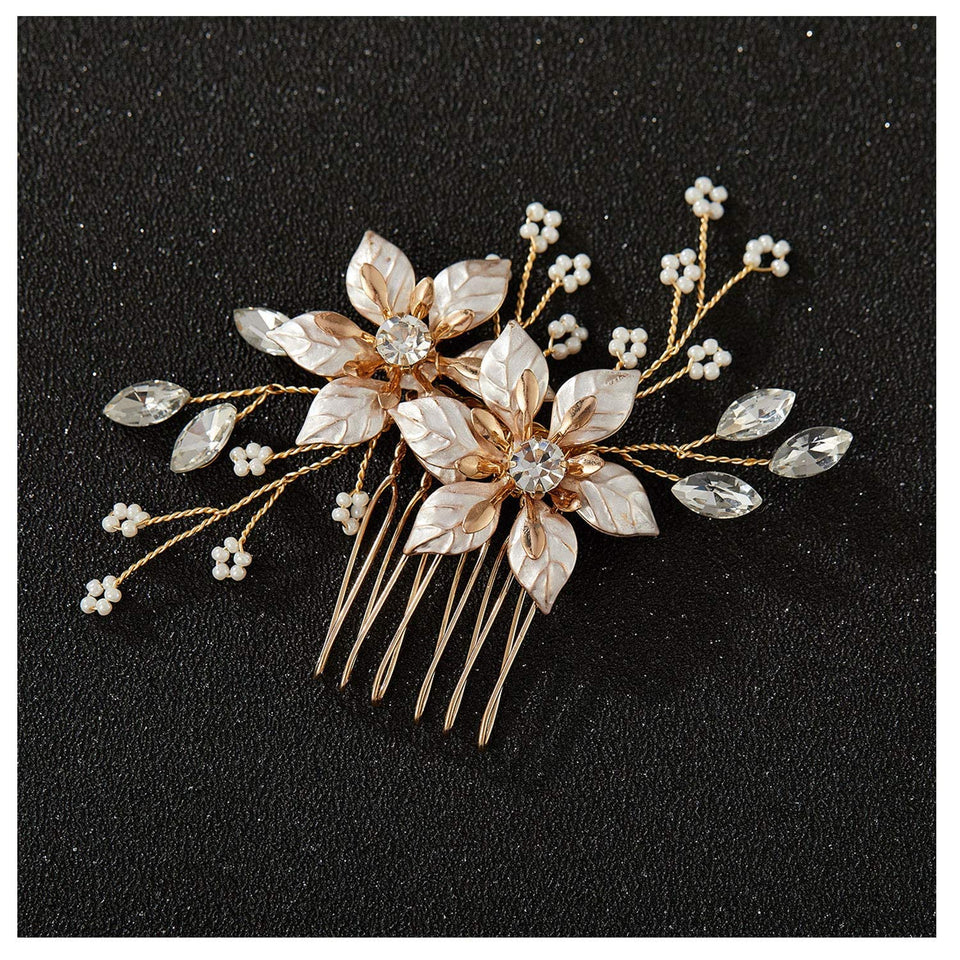 SweetV gold bridal hair comb closeup with rose gold flowers adds delicate sparkle.