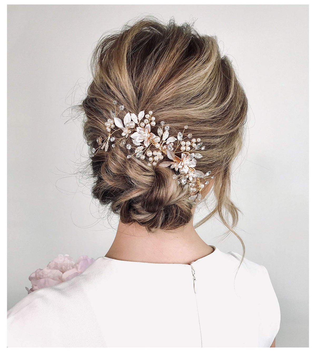 SWEETV Gold wedding hair clip branch detail for flexible updo shaping.