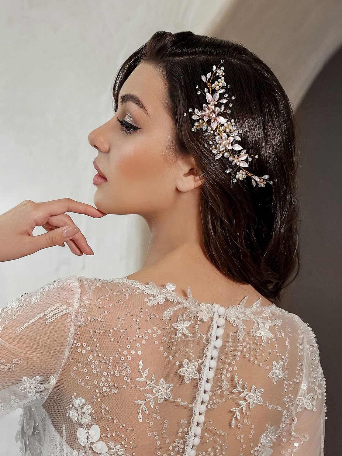 SWEETV Gold wedding hair clip with rose detail adds subtle sparkle.
