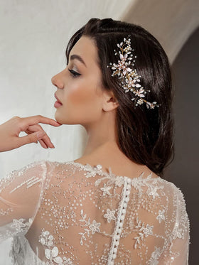 SWEETV Gold wedding hair clip with rose detail adds subtle sparkle.