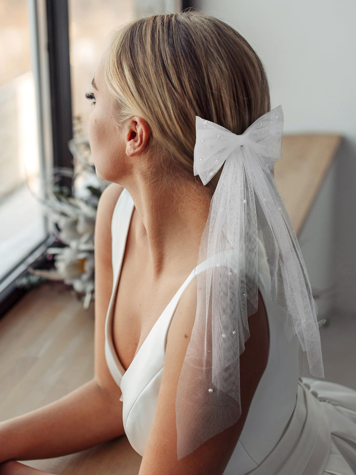 SWEETV layered tulle bow detail with soft volume for elegant wedding styling.