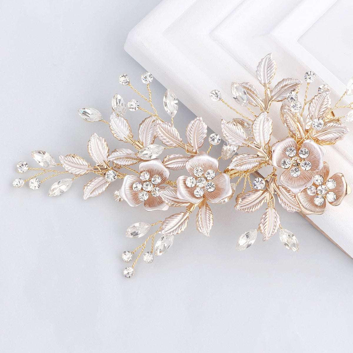 SWEETV light rose gold wedding clip with rhinestones on floral motif for bridal sparkle